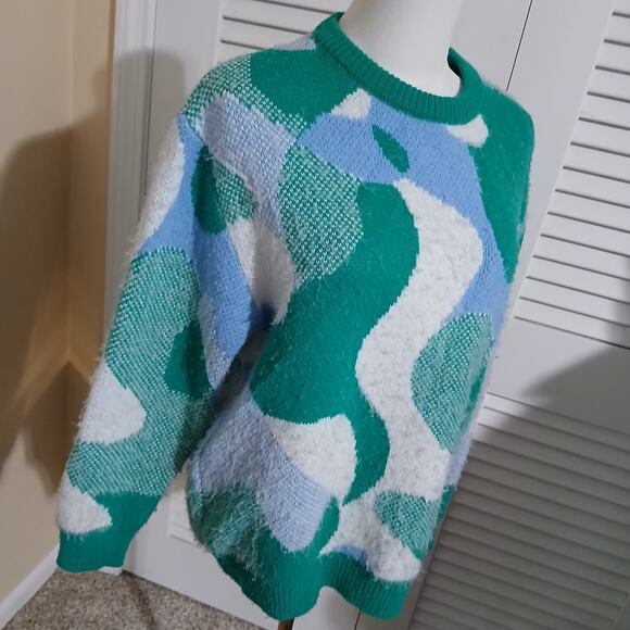 ASOS Design Oversized US 4 Camo Blue/Green/White.Crew Neck Sweater Ribbed Cuff - Picture 6 of 13